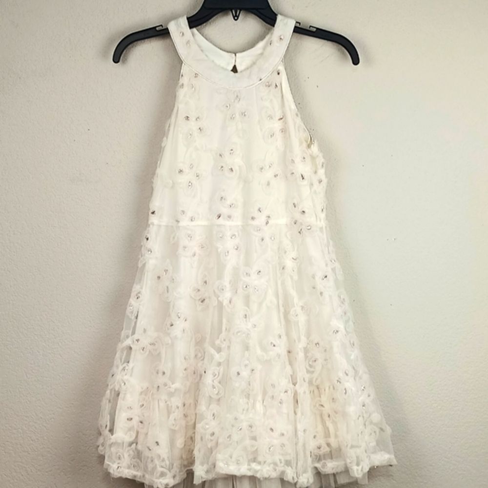 Beautees Girls White Floral Sleeveless Mesh With Rose Gold Sequin Dress sz 16
